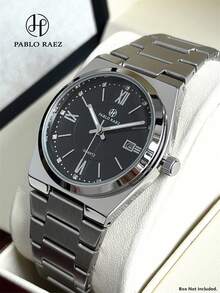 Pablo Raez 1 Stück Herren Business Vintage Uhr Edelstahl Armband Kette Sommer Strand Accessoires Männerschmuck Originale Armbanduhr IPS Silber Nicht anlaufendes Stahlgehäuse Charmante Uhr Berühmte Marke Neu AAA Luxus Schwarz Weiß Farbe 50M Wasserdicht Einfache Kalenderanzeige Uhr Herren Lässig Mode Quarz Uhr für Männer