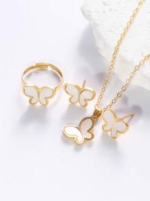 1 Set minimalistischer Stil Ohrringe, Ring, Halskette 4-teiliges Schmuckset, Schmetterling kreatives Harz-Einlegedesign, geeignet für Bankette, Partyanlässe