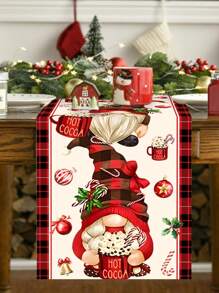 1 pieza 35*180cm/13.78*70.87 pulgadas Camino de mesa de poliéster con tema de gnomo de chocolate caliente, patrón de gnomo a cuadros rojos, cubierta de mesa de comedor navideña para fiesta festiva, decoración de mesa de cocina de Año Nuevo