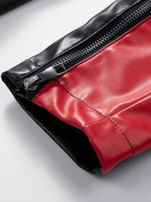 1pc Men's Motorcycle Style Leather Jacket, Black Base With Red & White Color Blocking. Stand Collar Slim Fit Jacket, Sports Casual Motorcycle Jacket, Fall - Black - View 8