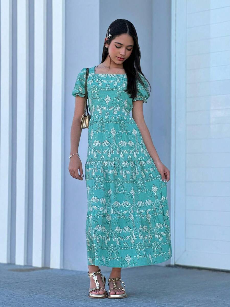 Long Youth Dress Modern Fashion In Lesse Print - Green - View 1