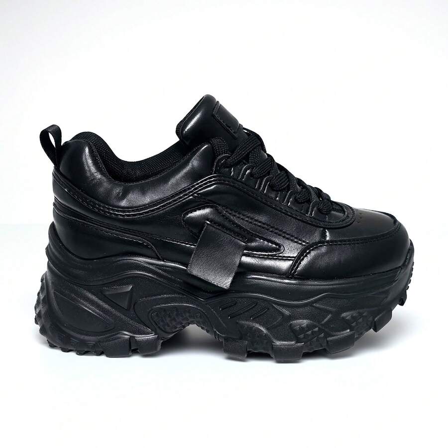 Fashion High Sneakers. Platform Soild Color Sneakers For Any Athletic Look. Man-Made Material. Faux Leather/PU. - Black - View 1