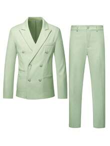 2 piezas Conjunto de traje de hombre, estilo británico chaqueta blazer de doble botonadura y pantalones, adecuado para uso casual, de negocios, bodas, fiestas, banquetes