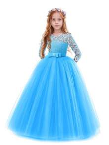 Flower Girls Dress Long Lace Bridesmaid Dress 3/4 Sleeves Floor Length Wedding Party Evening Formal Pegeant Maxi Tulle Ball Gowns - Màu xanh lam - Xem 1