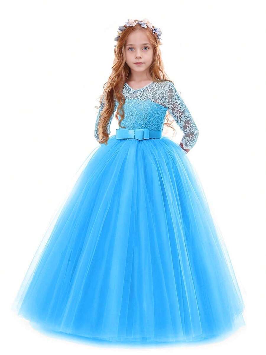 Flower Girls Dress Long Lace Bridesmaid Dress 3/4 Sleeves Floor Length Wedding Party Evening Formal Pegeant Maxi Tulle Ball Gowns - Màu xanh lam - Xem 1