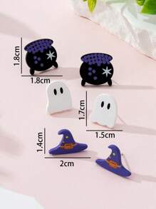 Set de 3 pares de aretes de joyería de moda para mujer con diseño de sombrero de bruja y fantasma esmaltado de cerámica falsa, regalo perfecto para fiestas y reuniones