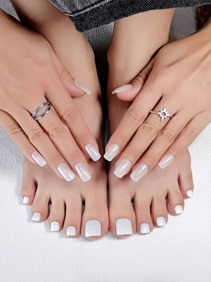 48 件全覆盖按压式指甲，中长方形指甲尖，搭配短方形脚趾甲，白色极光闪光美甲套装，含 1 个指甲锉和 2 个双面指甲抛光器，适合女孩和女士，非常适合情人节、复活节、母亲节、圣诞节等节日美甲用品