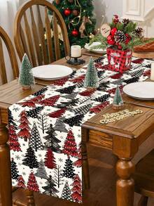 1pc 35*180cm/13.78*70.87inch Christmas Tree Pattern Table Runner, Suitable For Family Gatherings, Christmas Parties, Dining Table Center Decor, Red Black White Color, Dining Table, Dessert Area Decorative Fabric. - Christmas - View 2