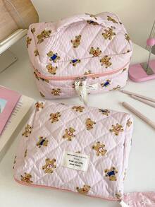 1 PC Pink Striped Bear Make Up Bag,Halloween,Trick Or Treat,Fashionable And Casual Large Capacity Portable Zipper Makeup Bags,Travel Storage Stationery Storage,Vacation Essentials Cosmetic Bags For Pouch Pads,Wired Earphones,Earpods,Headphones,Charger,Lipsticks,Cosmetics,Perfume,Skin Care And Beauty Products,Home Decor,For Mom,Women,Nurses,Students,School Girls,Keys,Holiday Gifts