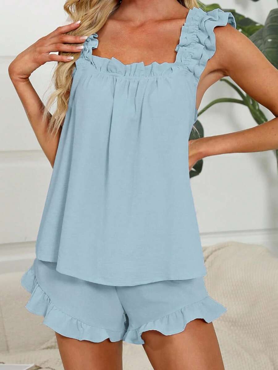 Women's Summer Lounge Set Ruffle Shoulder Strap Tank Tops Drawstring Shorts Sleepwear Sets Bridal Pajama Set For Women - Blue - View 1