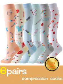 6 pares de calcetines de compresión deportivos para mujer y hombre, con patrones lindos, transpirables y de altura hasta la rodilla, apropiados para correr, ciclismo, senderismo y viajes - Multicolor - Ver 2