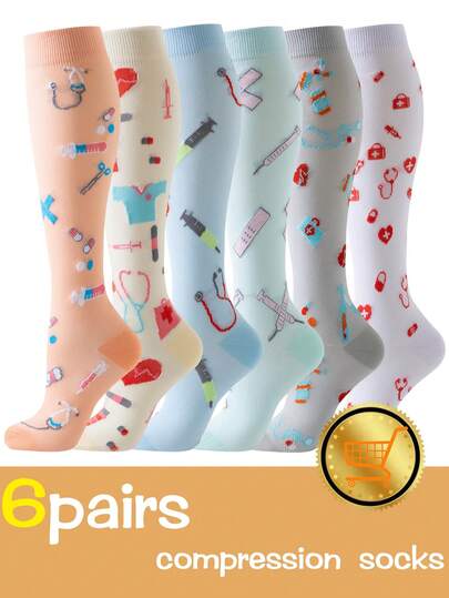 6 Paar Athletische Kompressionsstrümpfe Frauen Männer mit niedlichen Mustern, atmungsaktiv, Kniestrümpfe Frauen Sport Krankenschwester Kompressionsstrümpfe, geeignet für Laufen, Radfahren, Wandern, Reisen