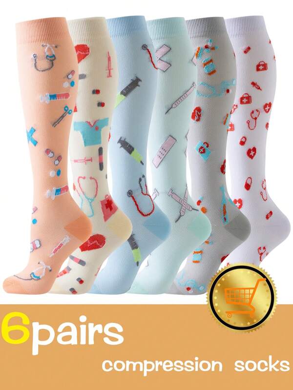 6 أزواج جوارب ضغط رياضية للرجال والنساء بأنماط لطيفة، قابلة للتنفس، جوارب طويلة حتى الركبة مناسبة للركض والدراجات والتنزه والسفر
