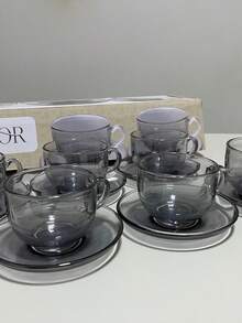 Xicara de chá café Cinza com pires 6 peças 150 ml Mesa Posta vidro Lyor - Cinza - Visão 1