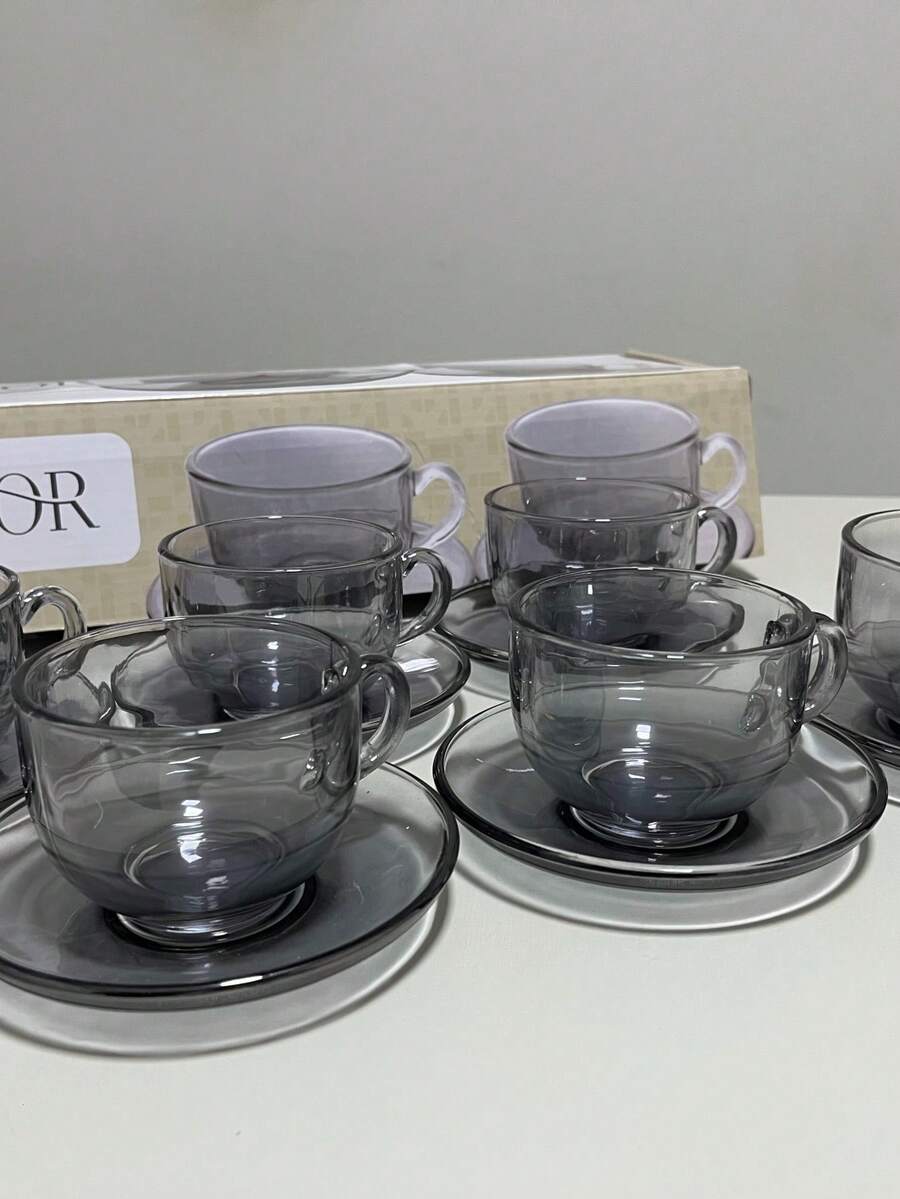 Xicara de chá café Cinza com pires 6 peças 150 ml Mesa Posta vidro Lyor - Cinza - Visão 1