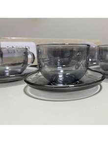 Xicara de chá café Cinza com pires 6 peças 150 ml Mesa Posta vidro Lyor - Cinza - Visão 2