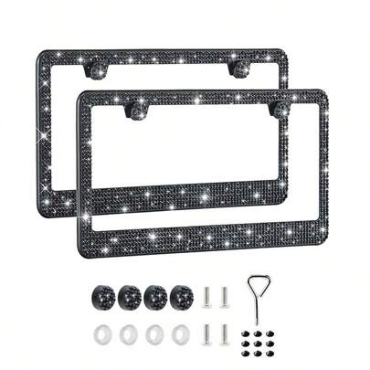 1 pieza/2 piezas Marco de matrícula - Brillante y brillante de forma duradera Marco de matrícula para mujeres, de acero inoxidable y sin obstrucciones con rhinestones multifacéticos, accesorios de coche brillantes con rhinestones de cristal y tapas de tornillo brillantes de acero inoxidable para mujeres y hombres