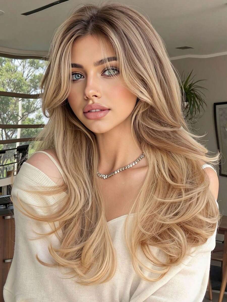 Peluca sintética de cabello ondulado y rizado de 22 pulgadas, de color rubio mezclado, resistente al calor, adecuada para uso diario, eventos y desplazamientos - Rubio degradado - Ver 1