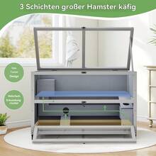 Jaula túnel de madera para hámster (90 x 50 x 60 cm), jaula para ratas con ventana acrílica y rejilla metálica, jaula para degú con ruedas y tapa abatible, terrario para animales pequeños en gris.