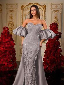 Olive Green 3D Petal Beaded Strapless Satin Mermaid Style Luxurious Palace Style Evening Gown For Wedding Party - Purple - View 8