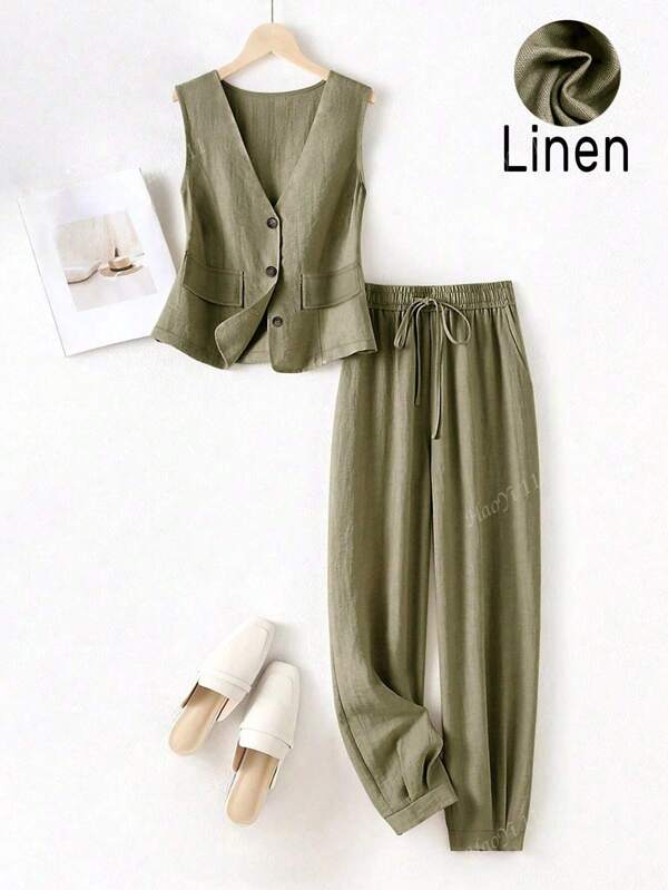 Women's Casual Linen Blazer, Vest And Pants Set For Summer Vacation