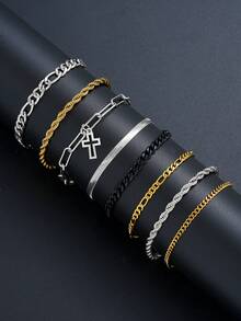 3-55 件男士休闲嘻哈不锈钢十字架多层项链首饰套装，不锈钢手链、戒指、皮革手链、方晶锆石耳环，适合日常佩戴、约会、生日、节日礼物（无盒） - 男士飾品 - 查看 9