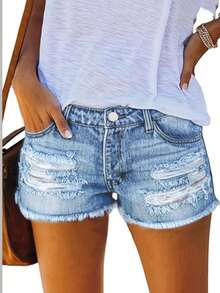 Distressed Ripped Loose Denim Shorts, Summer Casual Holiday Vibes - Medium Wash - View 3
