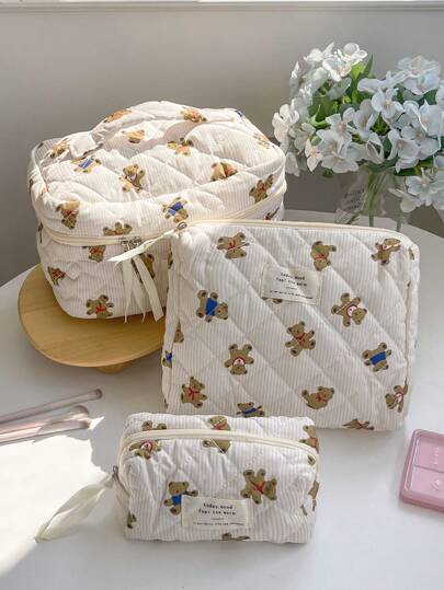 1 PC Beige Striped Bear Make Up Bag, Halloween, Trick Or Treat, Fashionable And Casual Large Capacity Portable Zipper Makeup Bags, Travel Storage Stationery Storage, Vacation Essentials Cosmetic Bags For Pouch Pads, Wired Earphones, Earpods, Headphones, Charger, Lipsticks, Cosmetics, Perfume, Skin Care And Beauty Products, Home Decor, School Girls