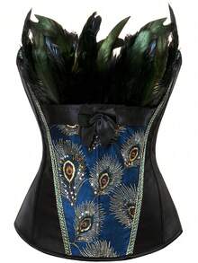 1 件女士优雅孔雀印花束身衣腰带 - 复古蕾丝、海军蓝缎子、幽默万圣节服装 - 彩色 - 查看 18