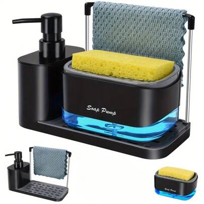 1 Pezzo Set Dispenser di Sapone per Piatti e Mani, Dispenser Sapone a Doppio Scomparto con Porta Spugna per Lavello, Dispenser di Sapone a 5 in 1 per Lavandino con Vassoio, Adatto per Lavandino Cucina