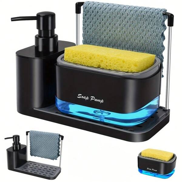 Conjunto de 1 peça de utensílios de cozinha para saboneteira e lava-louças, dispensador de sabão 2 em 1 para bancada de pia de cozinha, dispensador duplo de sabão para cozinha com suporte para esponja, dispensador de sabão 3 em 1 para bancada, adequado para pia, com suporte para esponja, dispensador duplo de sabão para louça com suporte para pano de prato, dispensador de pia de cozinha com bandeja, organizador de bancada de pia de cozinha 5 em 1
