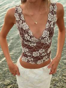 Women's Sequin Sparkle Tank Tops Deep V Neck Lace Floral See Through Summer Sheer Crop Tank Top - 卡其色 - 查看 2