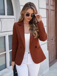 Damen Polyester einfarbige Taschen Knopfverschluss figurbetonte Blazer Jacke, Büro & Lässig Tragen, Herbst