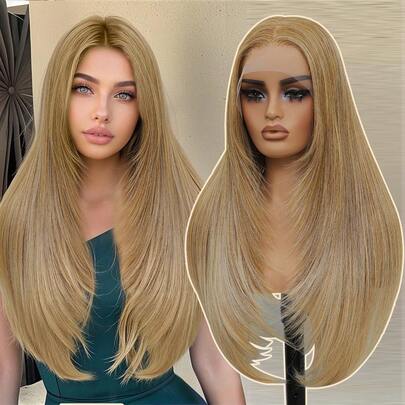 Synthetic Lace Front Wigs Pre Plucked 13x4 Lace Black Wigs For Women 100% Futura Premium Fiber Long Layered Straight Wigs 26 Inch Ready To Wear Glueless Auburn With Honey Blonde Wig Ombre Blonde With Bangs Beginner Friendly Daily Party Use