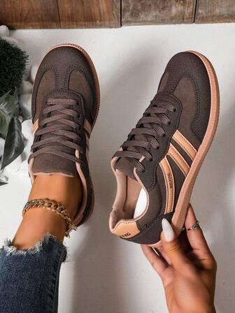 拼色运动鞋 - 拼色休闲运动鞋 - 系带、轻便、软底 - 散步、滑冰、日常穿着 - 女士 - 舒适、时尚、百搭 - 兼具时尚与舒适，拼色运动休闲 PU 皮革系带运动鞋，适合度假、上学、居家、健身、春夏季