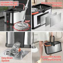 Spin Mop And Bucket Set With 3 Mop Pads, Household Rotating Floor Mop, Hands-Free Wash Stainless Steel Mop, Dust Removal Mop, Dry And Wet Use, Perfect For Home, Kitchen, Bathroom Floor, Cleaning Supplies, Cleaning Tool