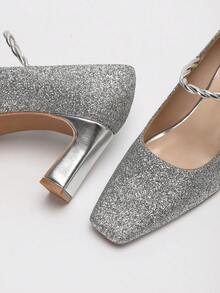 1 Par de Sapatos de Salto Grosso Elegantes de Bico Quadrado Estilo Mary Jane para Mulheres, Projetados com Tecido Brilhante Dourado/Prateado e Decoração de Fivela com Pérolas Falsas, Salto Quadrado Grosso Antiderrapante, Adequado para Festa, Salto, Outono, Casamento, Banquete e Uso Diário no Trabalho