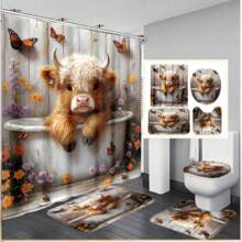 1 pieza/4 piezas Conjunto de cortina de baño con patrón de vaca de las Tierras Altas, cortina de ducha impermeable con alfombra antideslizante, tapa de inodoro y alfombra de baño, instalación fácil con ganchos en C, decoración de otoño para el baño, accesorios de baño de vuelta al colegio