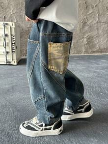 男童宽松直筒牛仔裤，适合秋季休闲、上学、户外穿着