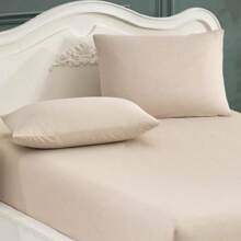 Set de cearșafuri cu elastic – Bumbac turcesc – Dimensiune Single (100x200+30), Dimensiune Double (160x200+30), Dimensiune King (180x200+30) + 2 Fețe de pernă – Include Fețe de pernă 50x70 cm – Fabricat în Turcia - Bej - Vizualizare 2