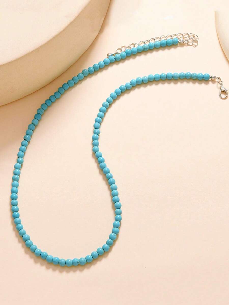 1 Pc Vintage Elegant Turquoise Beaded Necklace, Simple Turquoise Choker Necklace For Women Everyday And Holiday Wear