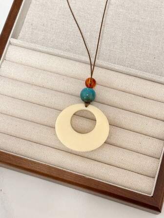 1 件复古黑色皮绳长圆形吊坠项链，适合女性日常佩戴