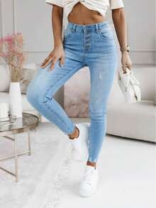 女士長褲牛仔褲skinny 帶彈性 口袋 舒適 牛仔褲 排紐簡約日常穿搭 - 淺藍色 - 查看 3