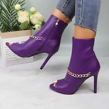 Women's Peep Toe Ankle Boots, Gold Chain Detail, High Heel: Stylish Design, Non-Slip Rubber Sole, Latex Insole For Comfort, Perfect For Shopping, Parties, And Casual Outings  Fashionable    Polyester - Màu tím - Xem 5