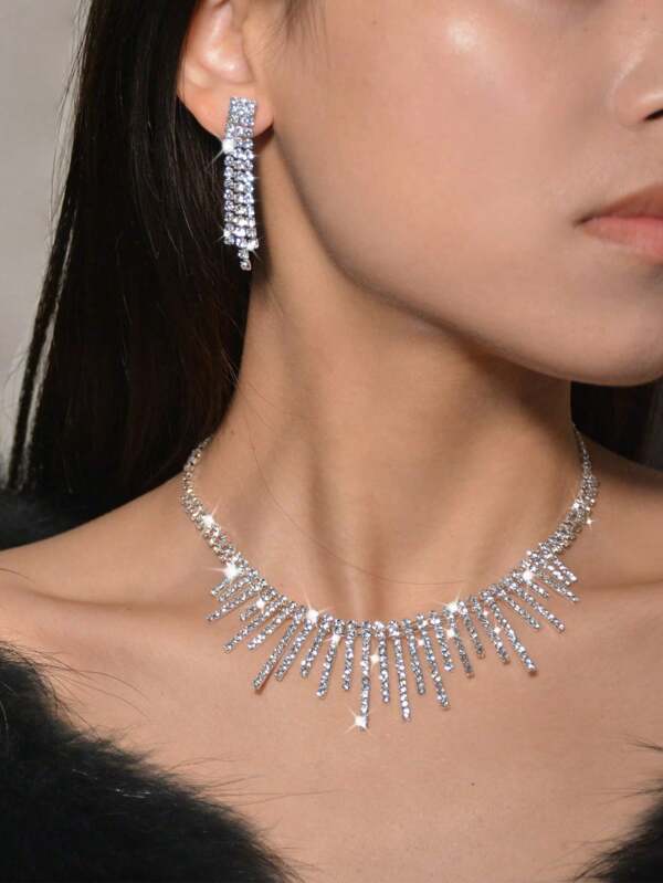 New Tassel Necklace, Luxury Elegant Water Drop Pendant Choker Necklace, Matching Earrings 2-Piece Set, Suitable For Party Dress And Everyday Wear