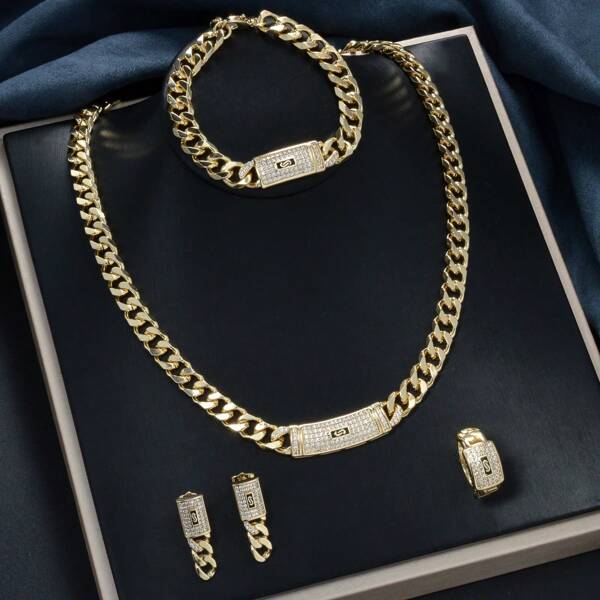 Set de 5 piezas de joyería de estilo marroquí hip-hop con baño de oro de 18k y lleno de circonita, incluyendo collar, aretes, anillo y pulsera, para uso diario, fiestas, San Valentín u otros regalos para mujeres y hombres