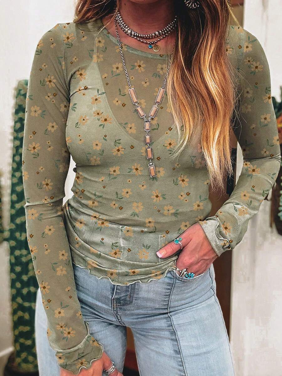 女士印花度假风透视修身长袖荷叶领休闲绿色上衣,适合秋季度假和外出穿着 - 綠色 - 查看 1