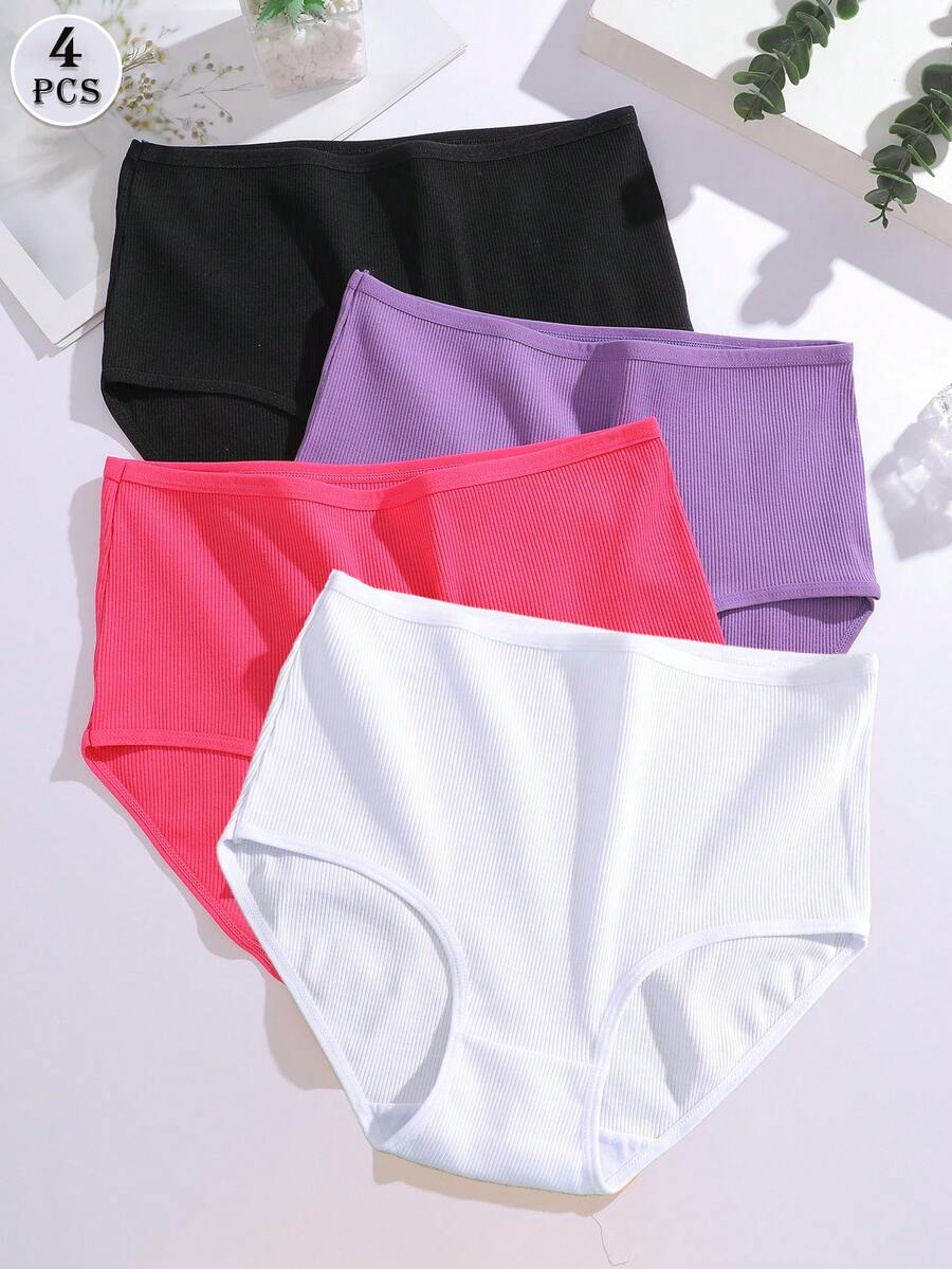 FINETOO 4pcs Pure Cotton Tummy Control Comfortable Ribbed Solid Color High Waist Women's Triangle Panties, Plus Size Women's Underwear, Size S-XXXL