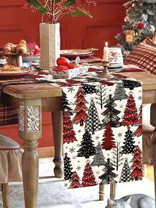 1pc 35*180cm/13.78*70.87inch Christmas Tree Pattern Table Runner, Suitable For Family Gatherings, Christmas Parties, Dining Table Center Decor, Red Black White Color, Dining Table, Dessert Area Decorative Fabric. - Christmas - View 4