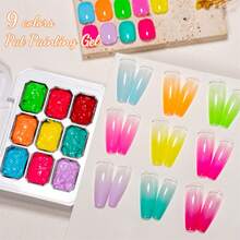 MEET ACROSS 9 Colors Nail Polish Set With 3 Painting Brushes, 8 Sponge Blocks, Neon Gradient Dip Powder, Suitable For Tie Dye Nails, Nail Art Design And Nail Salons - 彩色 - 查看 3